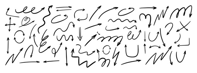 Hand drawn arrows. Playful curved lines, loops, and swirls in kids marker style.