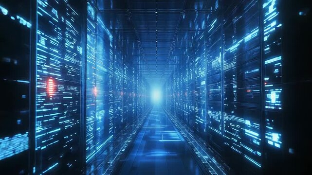 Server room displaying digital data processing and network communication - Powered by Adobe