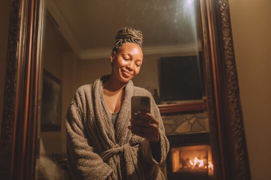 Smiling woman taking mirror selfie wearing bathrobe in cozy room - Powered by Adobe