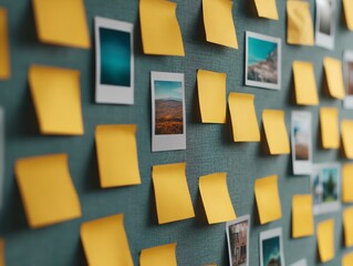 Vision board on wall with motivational notes and photos, daylight, inspiration concept