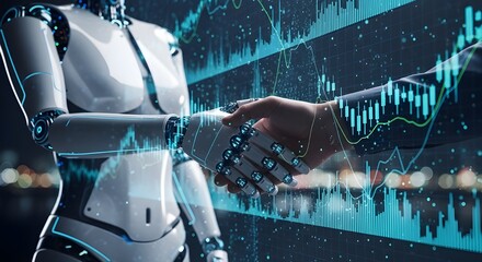 AI robot and human shaking hands in front of global data charts