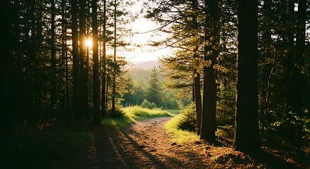 Obraz premium Sunlit Path Through a Dense Forest at Dusk.