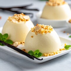 Individual Panna Cotta or Mousse Desserts Garnished with Mint and Vanilla Pods