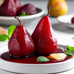 Two Classic Poached Pears in Red Wine Syrup Served with Sliced Almonds