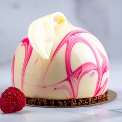 Beautiful White Chocolate Mousse Dome with Pink Raspberry Swirl on a White Plate