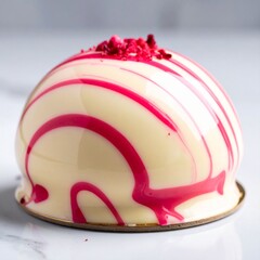 White Chocolate Mousse Entremet with Vibrant Pink Raspberry Swirl Glaze Decoration