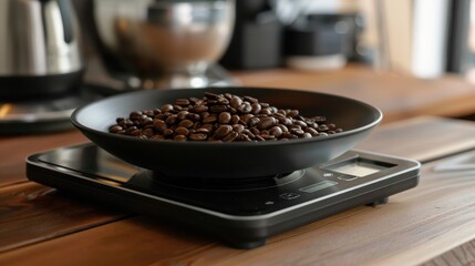A black bowl filled with roasted coffee beans sits on a digital scale. The background features a modern kitchen setting with various appliances.