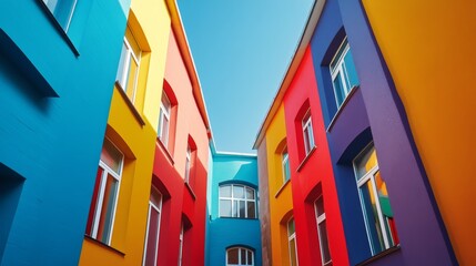 A vibrant scene featuring colorful buildings. The walls showcase bright blue, yellow, red, and purple hues. This lively space invites creativity and inspiration. Generative AI