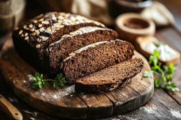 A rustic loaf of dark bread with a golden crust, adorned with seeds and herbs, resting on a wooden cutting board.