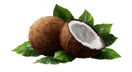 Fresh and juicy coconuts with green leaves arranged for tropical fruit display or healthy snack presentation