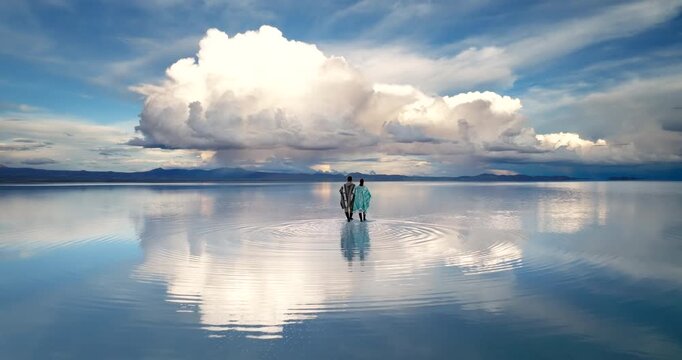 Uyuni salt flat perfect reflection of tourist couple walking in shallow water