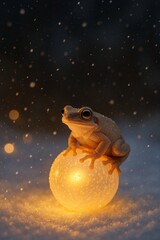 Cute Christmas Frog Sitting on a Glowing Snow Orb in a Snowy Landscape at Night