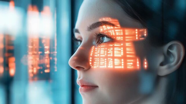 Woman interacting with augmented reality digital interface - Powered by Adobe