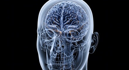 3D medical illustration of the human nervous system, Human Brain Anatomy Model, Detailed X-Ray View, Medical Visualiz