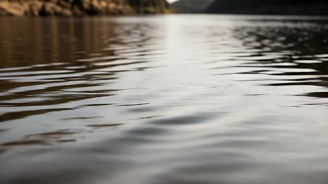 A captivating low-angle shot reveals the serene surface of a vast body of water, where gentle ripples create a mesmerizing, abstract texture across the entire frame. Subtle reflections of natural ligh