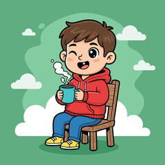 Adorable cartoon boy enjoying a warm beverage while sitting on a wooden chair outdoors vector illustration