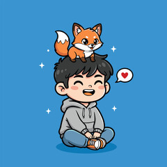 Adorable cartoon boy sitting with a cute fox perched on his head vector illustration
