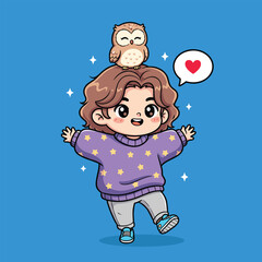 Adorable chibi character with an owl perched on head expressing love and joy vector illustration