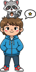 Cute cartoon boy wearing a blue hoodie with a playful raccoon on his head vector illustration