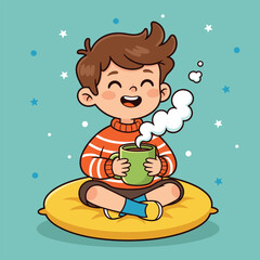 Joyful young boy happily enjoying a warm cup of steaming hot chocolate on a cold day vector illustration