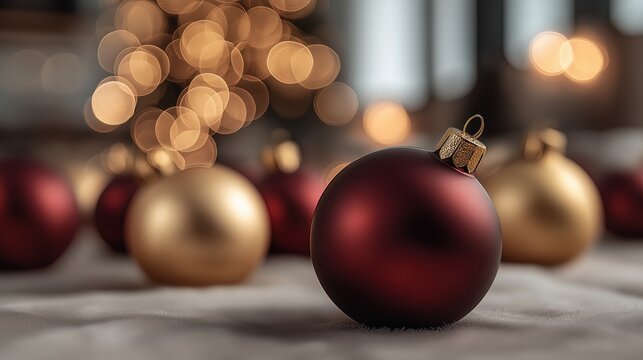 Elegant red Christmas ornament sits in front of festive golden bokeh lights for the holiday season