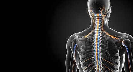 3D medical illustration of the human nervous system, Human Spinal Cord Anatomy Detailed Medical Illustration on Dark