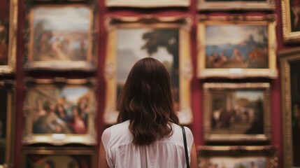 A young Caucasian woman with brown hair stands in front of a gallery wall filled with various framed paintings. The setting is an art museum.