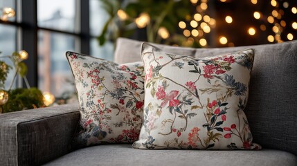 Floral decorative pillows on cozy sofa creating comfortable and stylish home interior desig