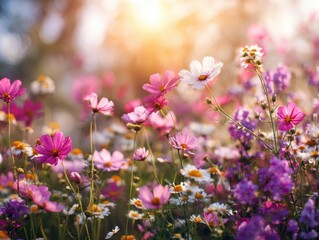 Vibrant field of pink and white cosmos flowers basking in warm golden sunset light.