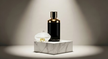 Elegant black and gold cosmetic bottle with orchid blossom on marble block for luxurious beauty brand campaign or skincare product design presentation