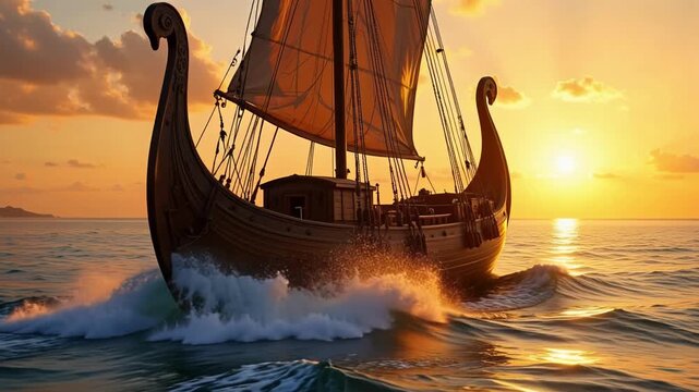 Experience the Majesty of a Viking Longship Sailing Seamlessly Through Golden Hour Seas in Loopable 4K Video Footage, Evoking Exploration and Adventure