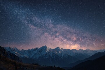 Vibrant Milky Way galaxy arching over a majestic snow-capped mountain range at night.
