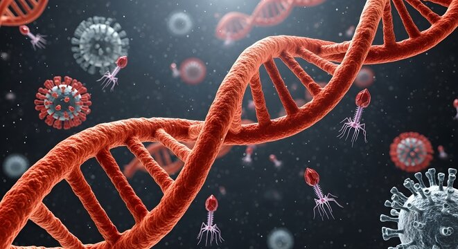 8-second cinematic 3D render of red-orange DNA helix surrounded by floating virus particles. Dynamic lighting, shallow DOF, realistic biological atmosphere, 4K HDR.