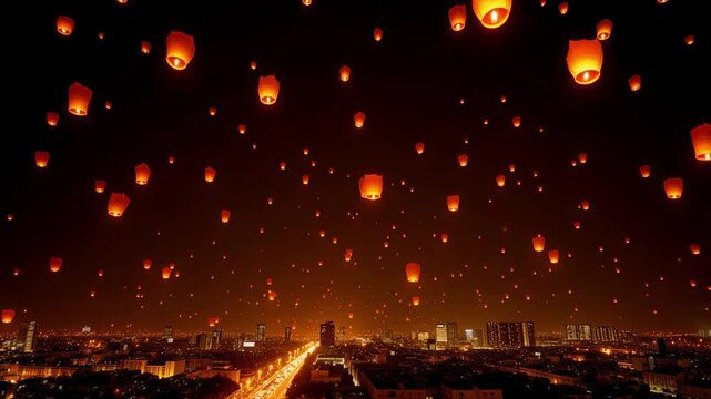 Celebrate with a vibrant cityscape aglow at night as dozens of sky lanterns float into the darkness offering a festive, loopable 4k experience.