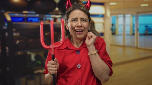 Woman with devil horns holds red trident in gymnasium amid visible dumbbells and mirrors during training; confusion.
