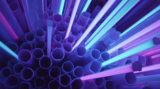 Vibrant neon lights illuminate stacked pipes in a futuristic abstract setting with purple and blue hues.