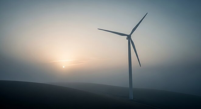 Wind turbine silhouette against a hazy sunset sky, symbolizing renewable energy and environmental sustainability.
