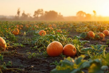 Golden Hour Sunrise Over a Pumpkin Patch Field