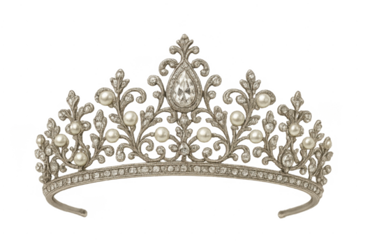 Ornate diamond and pearl tiara with transparent background