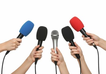 Press Conference Microphones Held by Multiple Hands