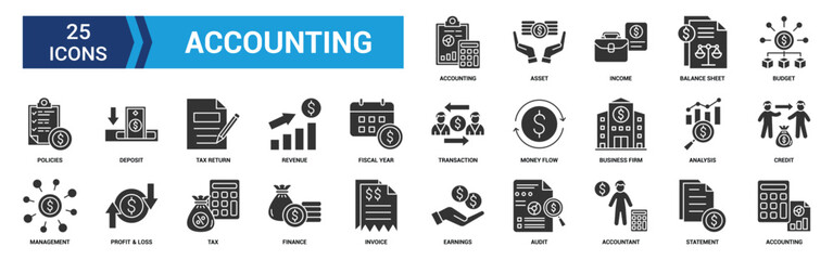 Accounting icon set. Containing financial statement, accountant, financial audit, invoice, tax calculator, business firm, tax return, income and balance sheet icons. Glyph icon collection.

