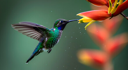 A red flower and a flying hummingbird. A vibrant, colorful illustration.
