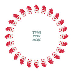 Christmas wreath made of cute Santa gnomes in red hats with editable text space in the center. Festive holiday frame for greeting cards, posters, or invitations. Vector illustration on white backgroun