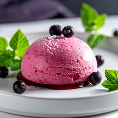 Another View of Pink Berry Sorbet with Blueberries and Mint on a White Plate