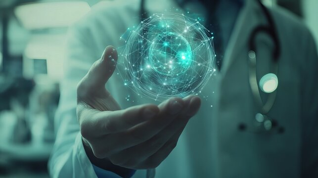 Doctor holding stethoscope with medical technology interface and healthcare network concept in hospital - Powered by Adobe