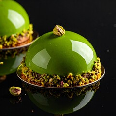 Vibrant Side View of a Perfectly Glazed Pistachio Mousse Entremet on White