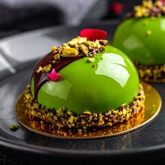 Detailed Close-up of Pistachio Entremet with Green Mirror Glaze and Sprinkles