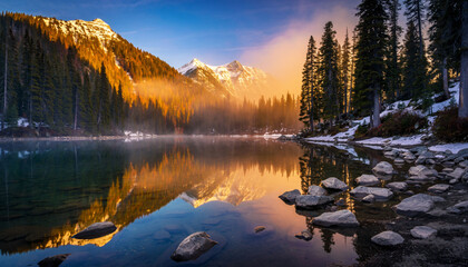Golden Sunrise Over Mountain Lake With Snowy Peaks, Mist, and Pine Forest Reflections