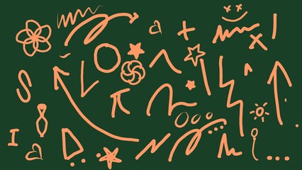 A playful collection of orange doodles on a dark green background