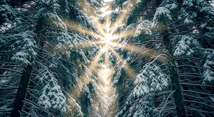 A winter Christmas landscape with a wintry forest. A view from below of tall, snow-covered fir trees reaching toward the sky. A bright beam of light, a New Year card.